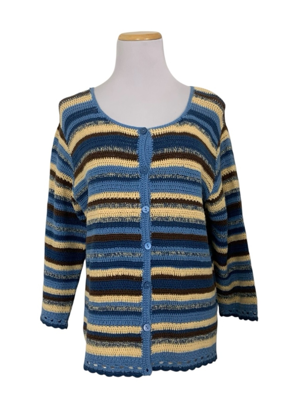 Villager Sport Liz Claiborne Crochet Striped Button Up  Sweater Womens L Boho